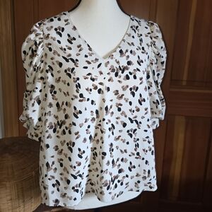 Fate 3/4 Balloon Sleeve V Neck Leopard Print Women's Top Size S